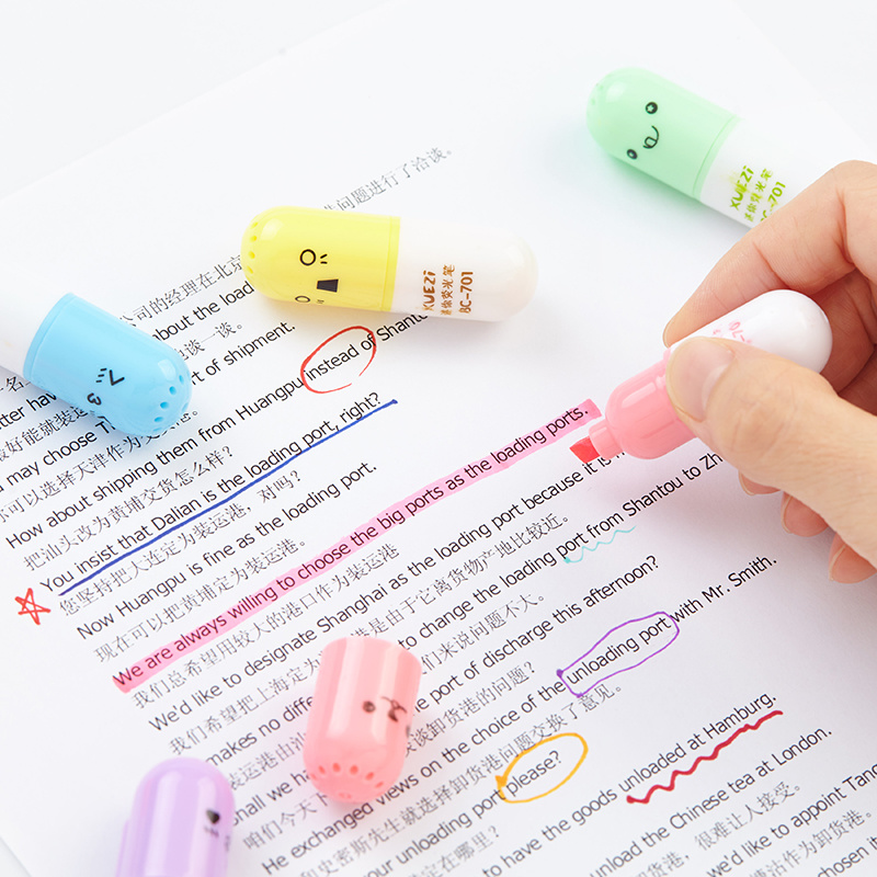 Custom Logo Capsules Highlighter Vitamin Pill Highlight Marker Color Pens Stationery Office School Supplies