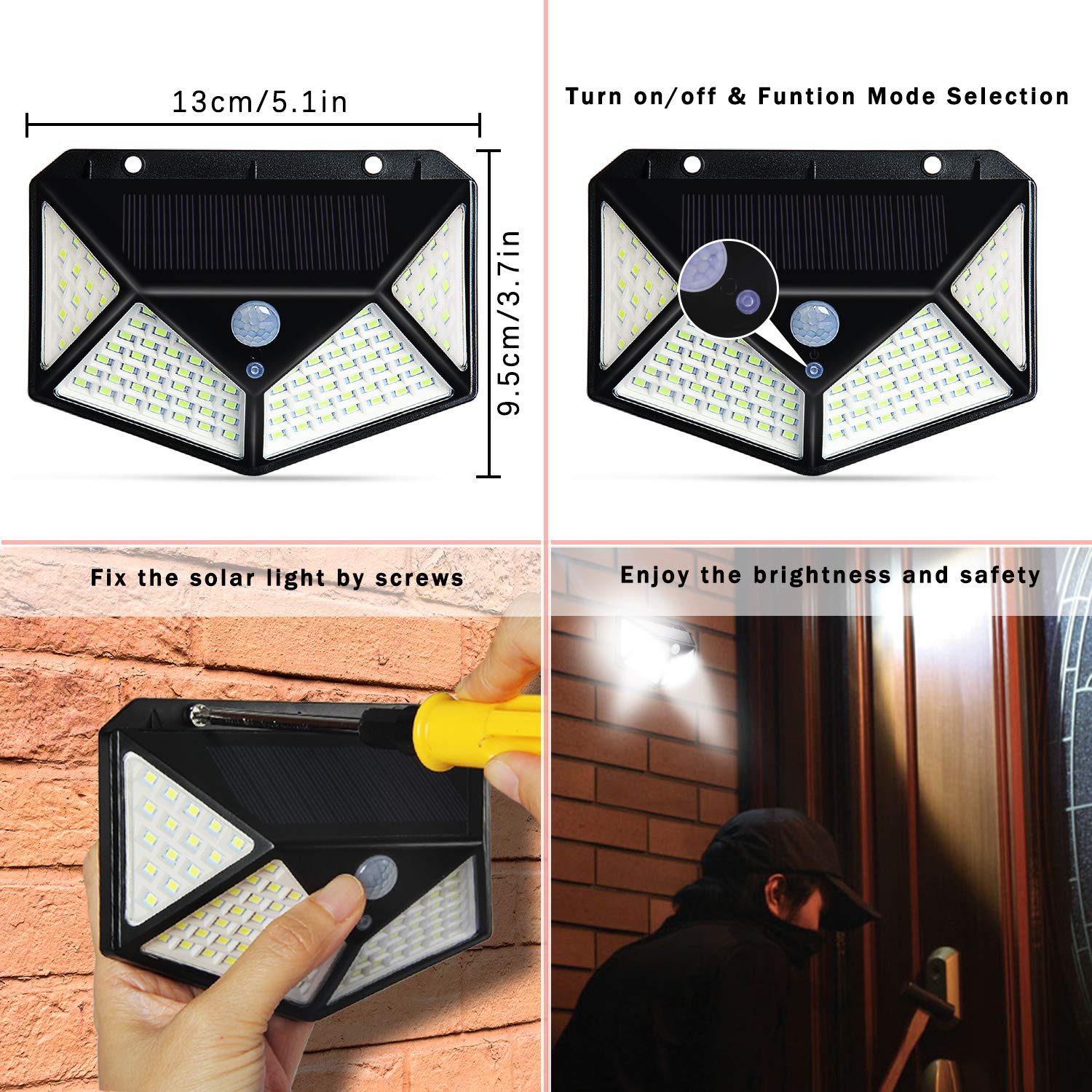 High Lumen 3.7V Li-ion 1800mAh Powered 270 Degree  Wide-angle Outdoor Wall Security Lamps Motion 100LED Sensor Solar Lights