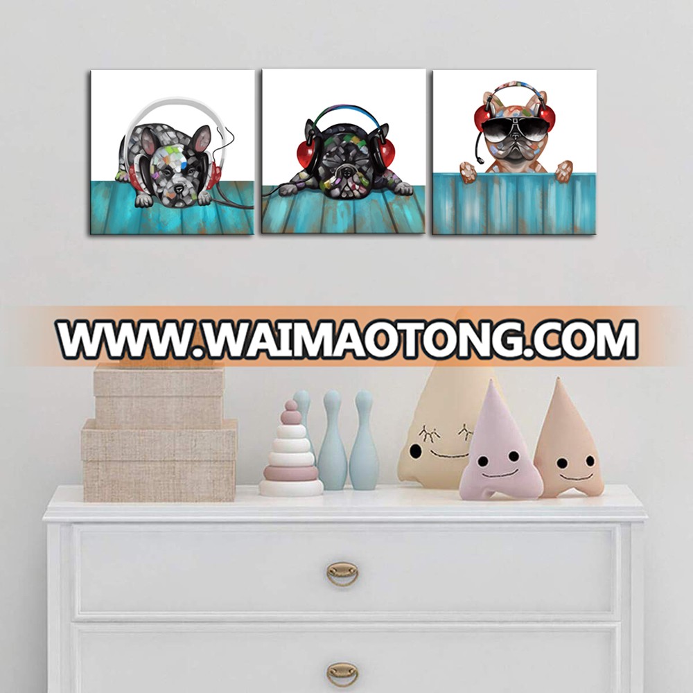 Canvas Wall Art Dog with Headphone Listenning to Music Funny Animal Artwork Dog Painting Pictures for Kids Room Bedroom Decor