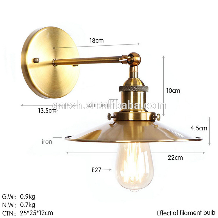 Retro Loft Brass Golden Sconce Lighting Industrial Iron Wall Lamp For Restaurant