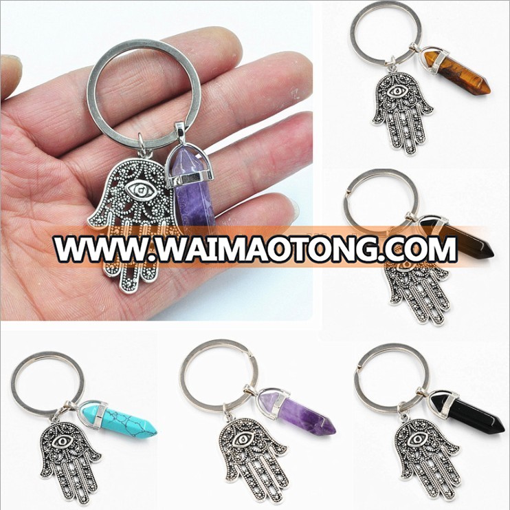 Wholesale natural hexagonal crystal column metal keychain