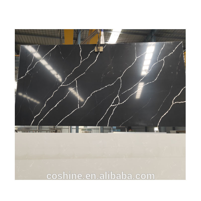 Nero marquina black quartz stone tiles for fireplace surrounding