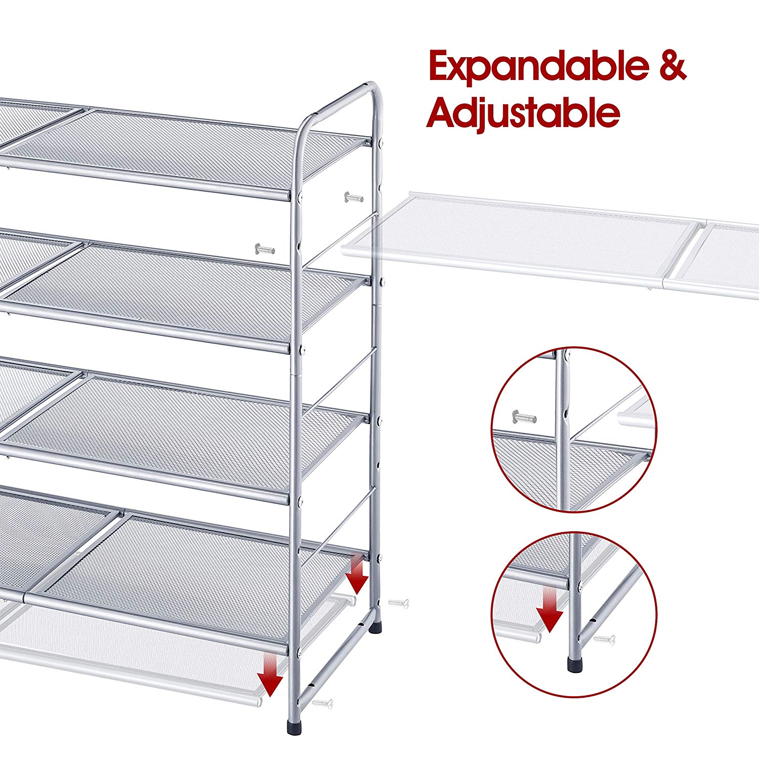 4 Tier Stackable Shoes Rack Expandable Adjustable Shoe Shelf Storage Organizer Metal Mesh  METAL SHOE DISPLAY RACKs Silver