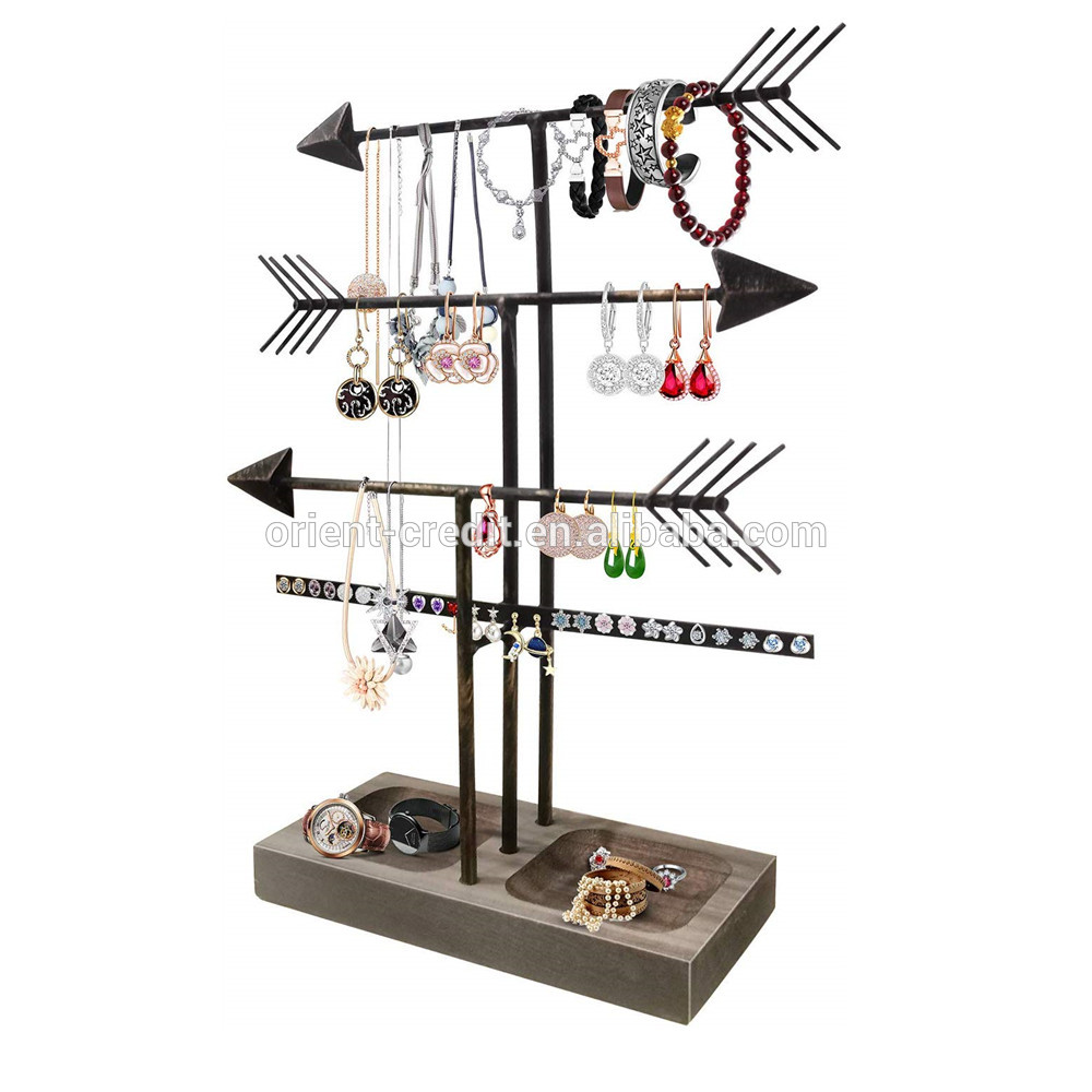 Wood Necklace Holder Jewelry Stand Necklace Stand Jewelry Organizer 3 Plus 1 Tier with Wood Tray to Organize Necklaces