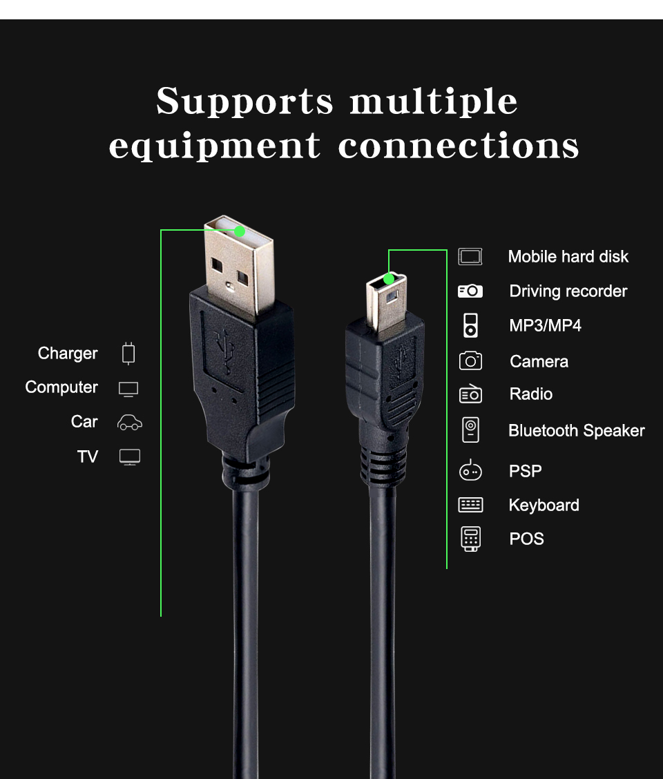 80cm 100cm 1.5M USB 2.0 Type A Male to 5P Mini USB data charger cable for Mp3 Mp4 Camera GPS 5pin T-Port V3 Cable