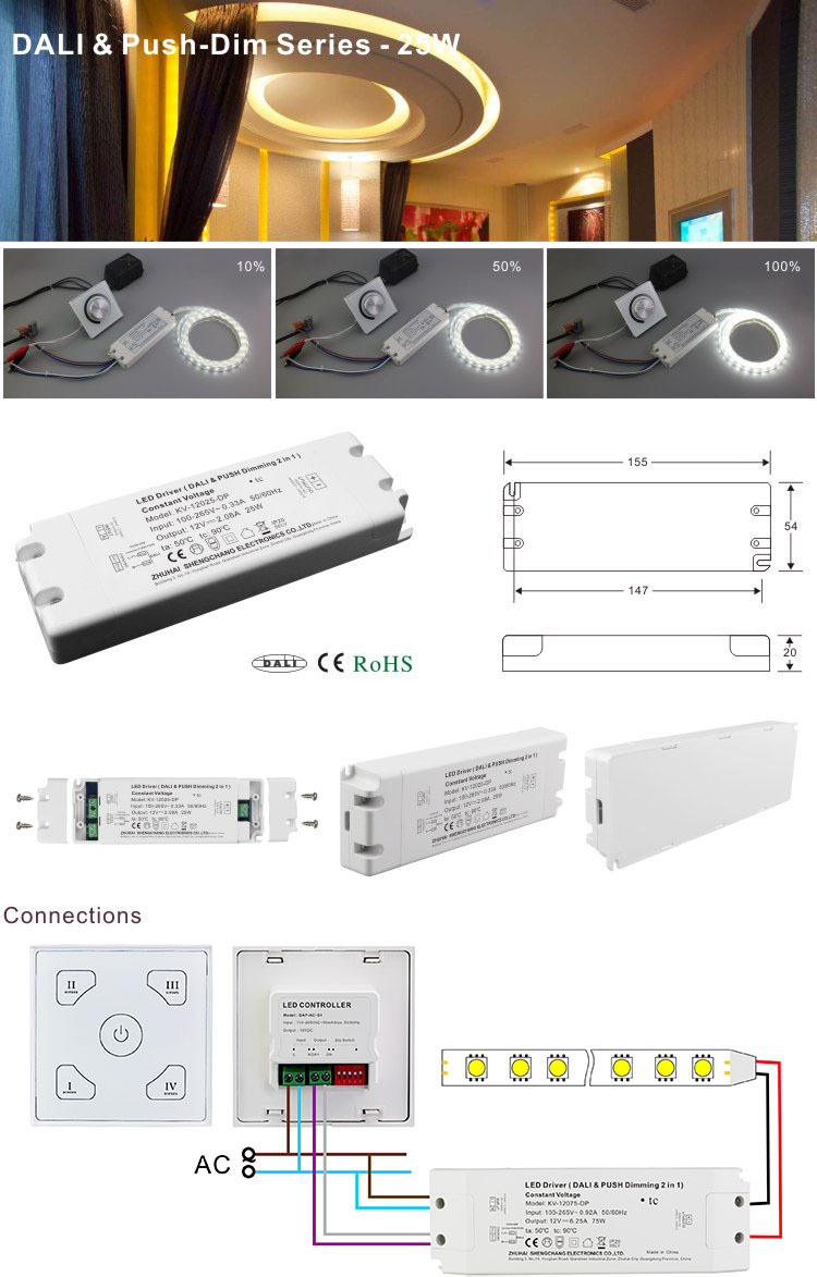 24V 25W 1.04A DALI and Push-Dim 2 in 1Constant Voltage  Dimming LED Driver