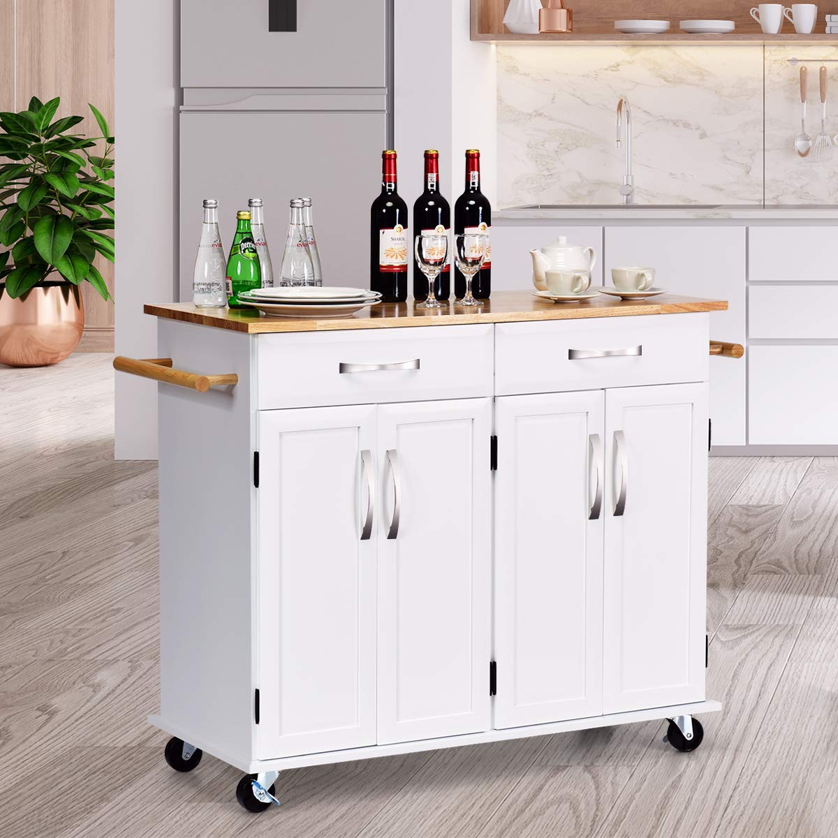 Kitchen furniture rubber wood top kitchen storage cart trolley with two doors