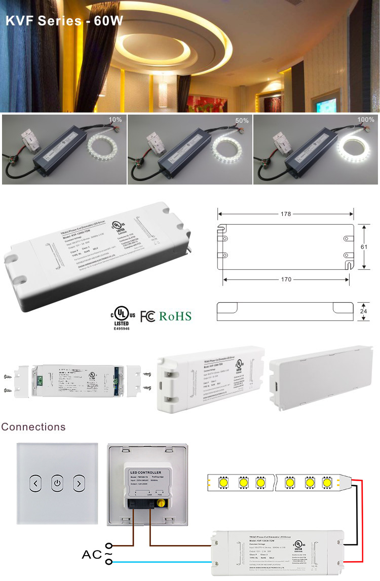 SC 12V 5A 24V 2.5A 60W Constant Voltage Triac Push-cut Dimmable LED driver