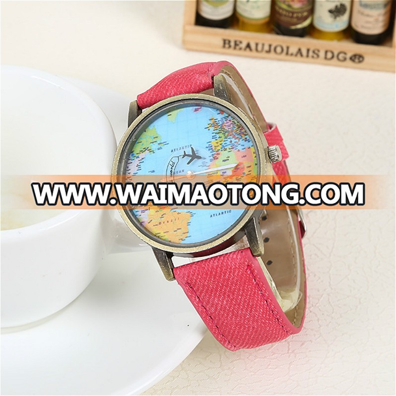 Vintage Green Bronze Airplane Map Trend Fashion Watch Men and Women PU Wrist Strap Decorative Women Watch