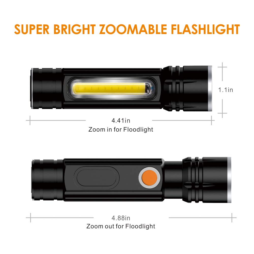 USB Rechargeable flashlight with COB Worklight and Magnetic Base Zoomable LED Tactical Flashlight