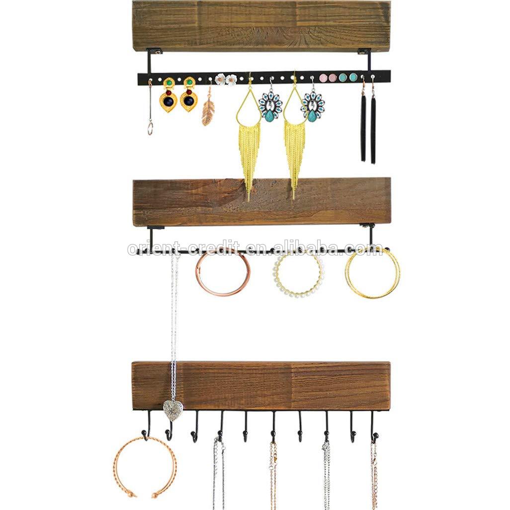 Wall Mounted Jewelry Organizer Set of 3 Rustic Wood Hanging Jewelry Organizer for Necklace Earrings Ring Bracelet Holder