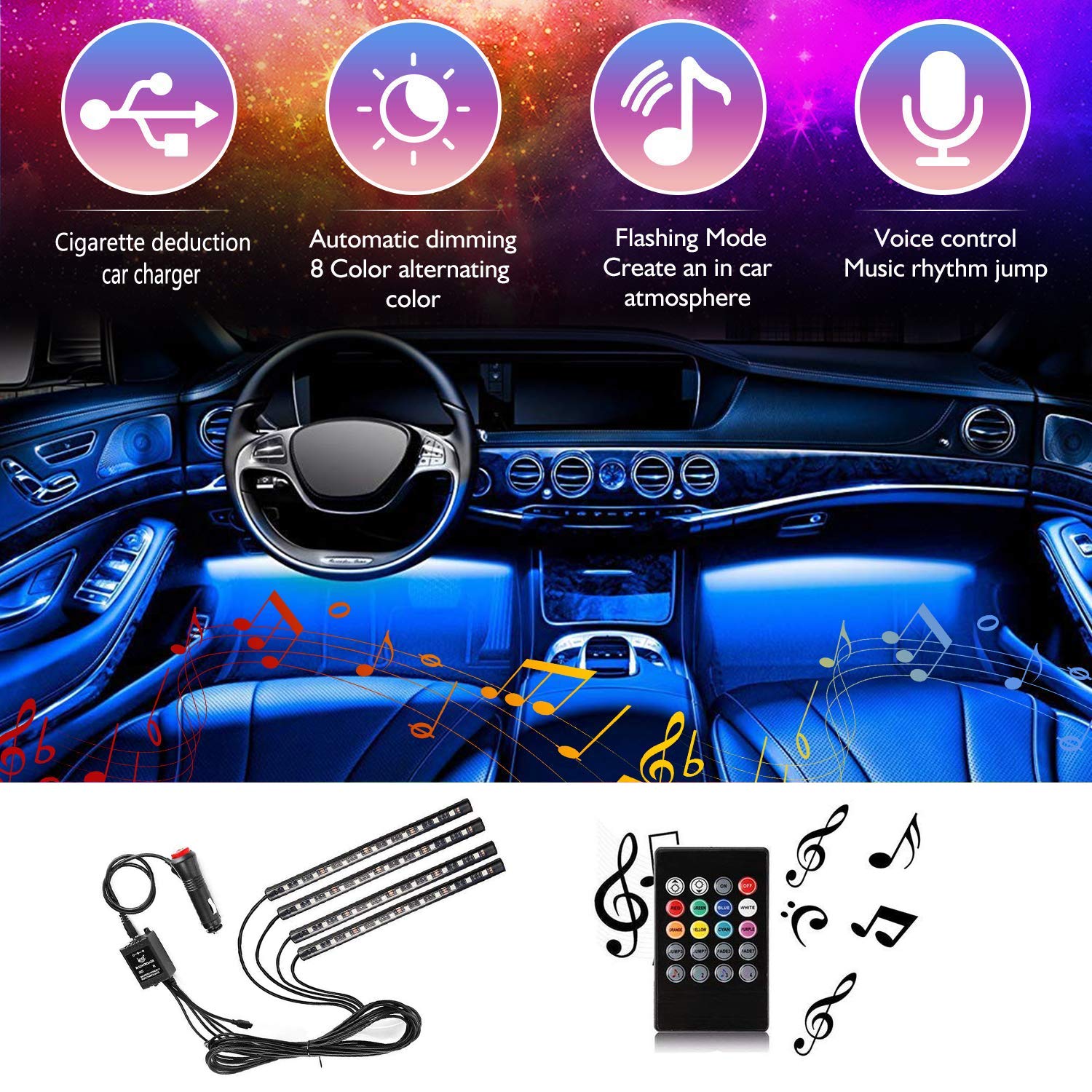 Car LED Strip Light 2pcs 24 LED Multicolor Music Car Interior Atmosphere Lights for TV Home with Sound Active