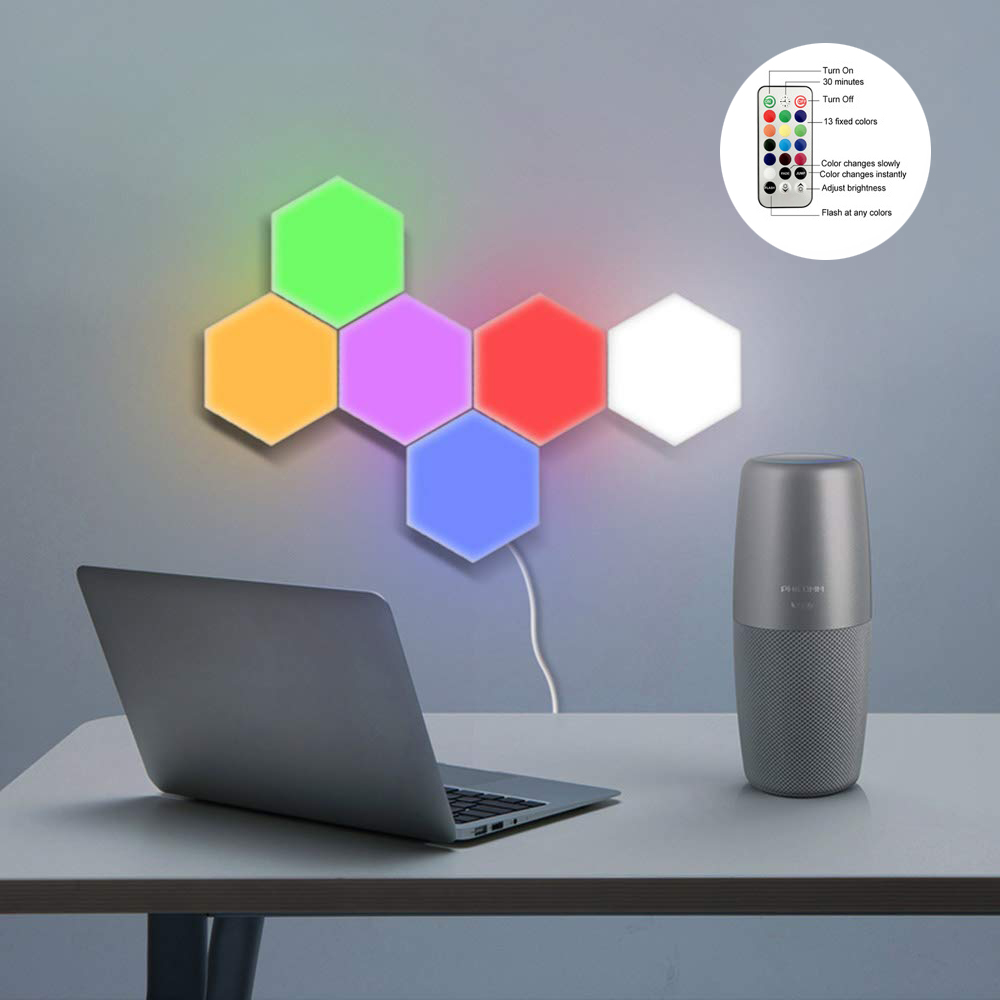 Color Version 6PCS Human Body Induction Quantum Honeycomb Wall Lamp RGB SMD LED Night Light with 1.5M USB Cable Remote Control