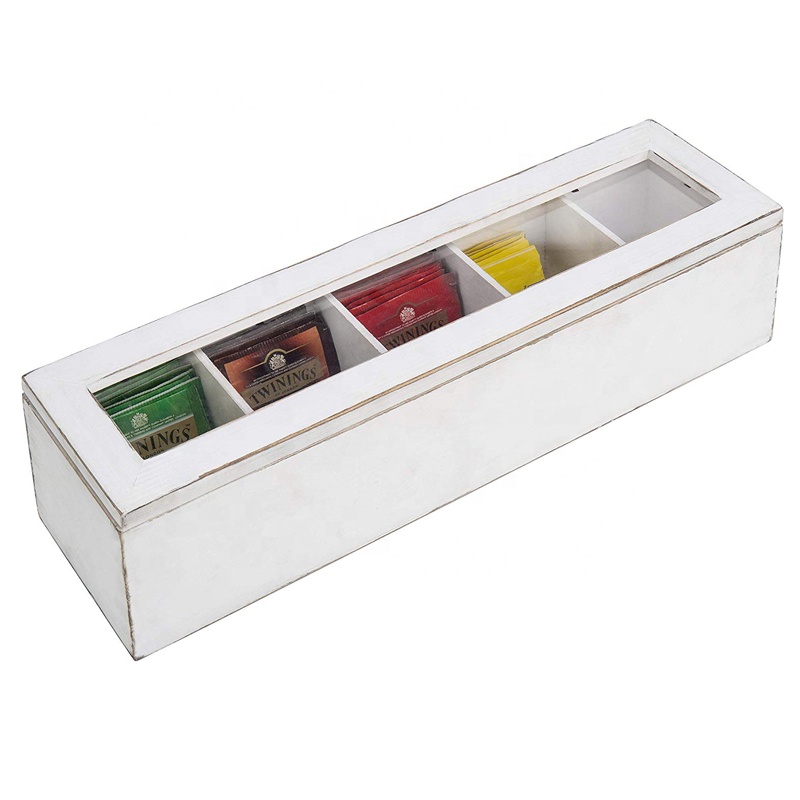 4-Compartment Multipurpose Organization Display Box Wood tea bag box with Clear Lid