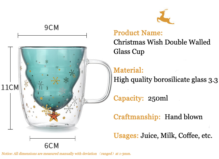 250ml Christmas Wish Double Wall Glass Cup with Lid