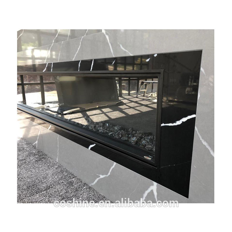 Nero marquina black quartz stone tiles for fireplace surrounding