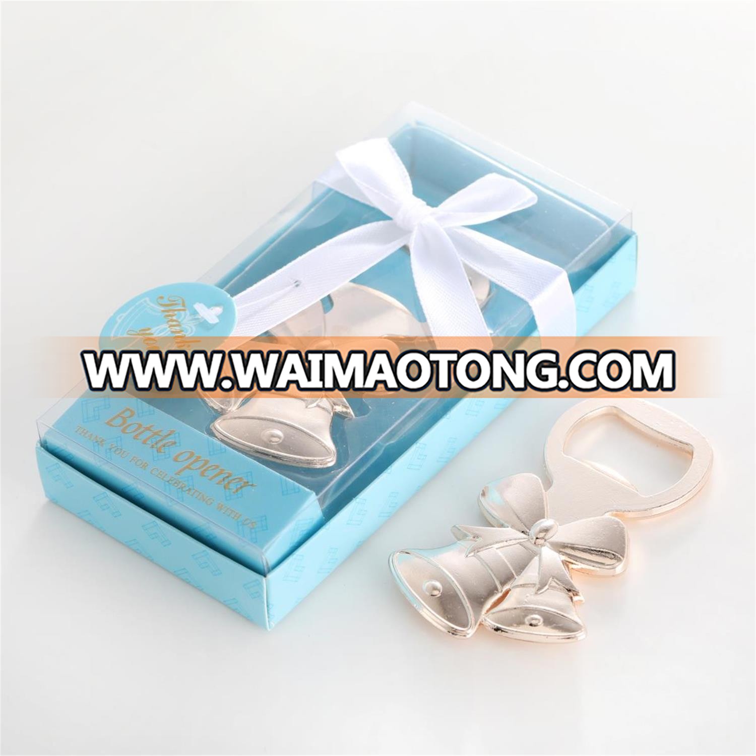 Christmas Gifts Wedding Favors or Baby Shower Gifts Elegant Blue Box Gold Jingle Bell Design Baby Bottle Opener