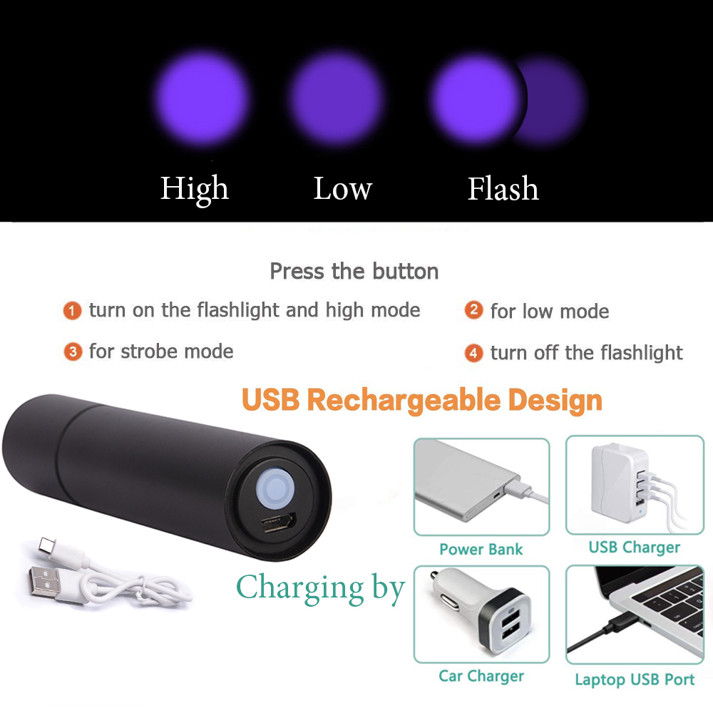 Built in Battery 3 Modes USB Rechargeable Black Light Aluminium 365nm 3W UV Led Torch Flashlight for Pet Infection Diagnosis