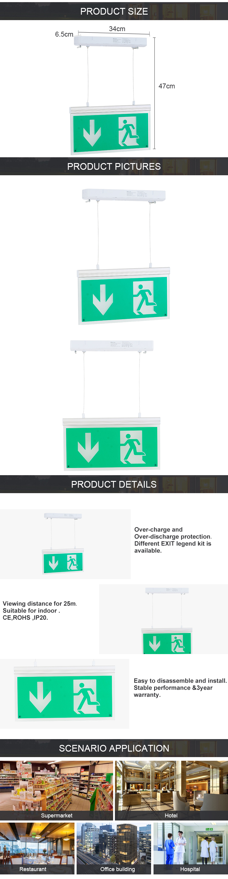 KEJIE high quality hot sale hanging double sided LED emergency ceiling exit sign light