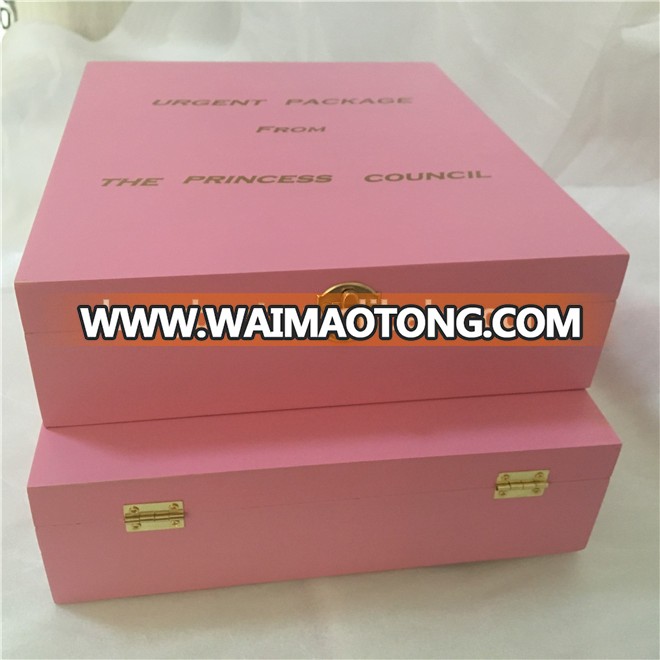 Chinese Supplier Painting Pink Outside Custom Printed Wood Boxes with Hinged Lid for Gift Packaging