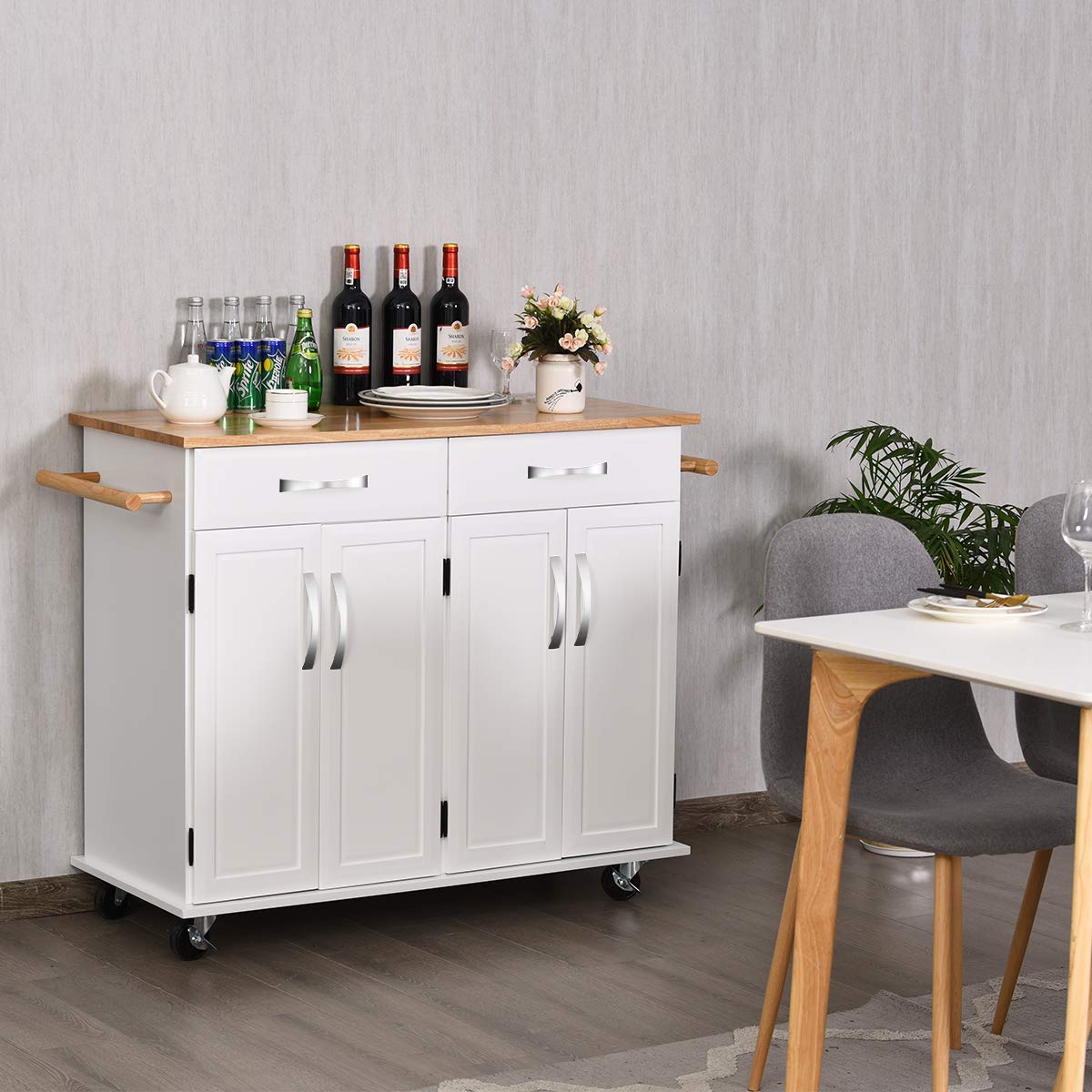 Kitchen furniture rubber wood top kitchen storage cart trolley with two doors