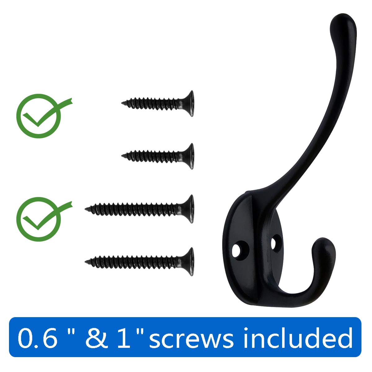 Hanssz 10 Pack Heavy Duty Dual Coat Hooks Wall Mounted with 40 Screws Retro Double Hooks Utility Black Hooks for CoatScarf Bag