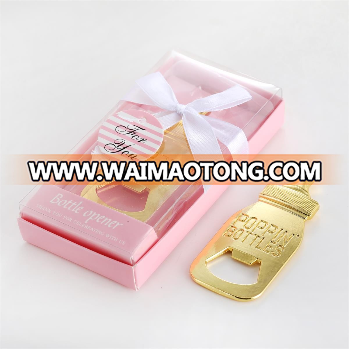 Wedding Favors or Baby Shower Gifts Elegant Pink Box Gold Poppin' Bottles Design Baby Bottle Opener