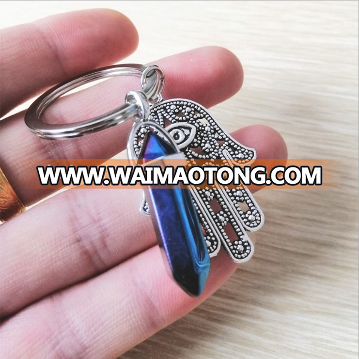 Wholesale natural hexagonal crystal column metal keychain