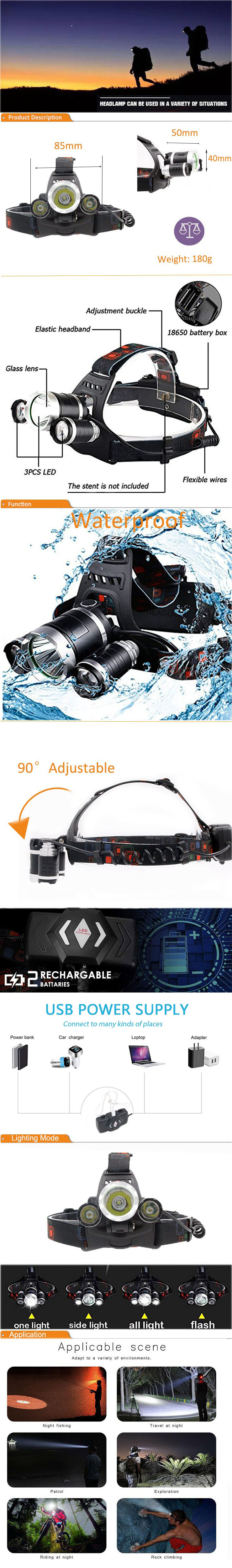 700lm waterproof flashlight  led headlamp usb rechargeable 10W 3 led headlamp