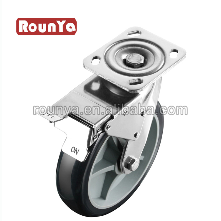 Rounya 4" 5" 6" 8" Heavy Duty Stainless Steel Solid Poly Wheel Caster With Total Brake