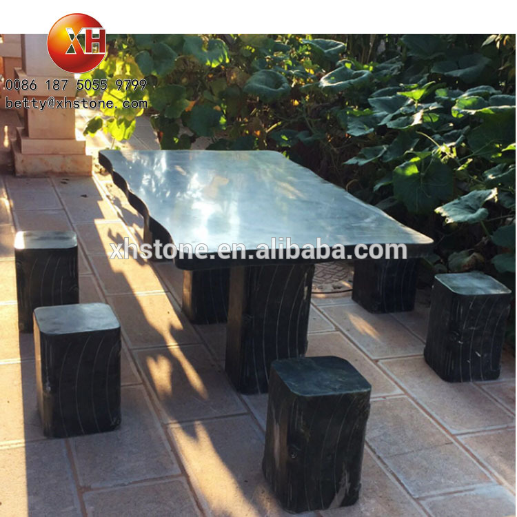 Polished High Quality Natural Dark Green Stone Long Table And Bench Chair For Garden Use And Landscaping Decoration