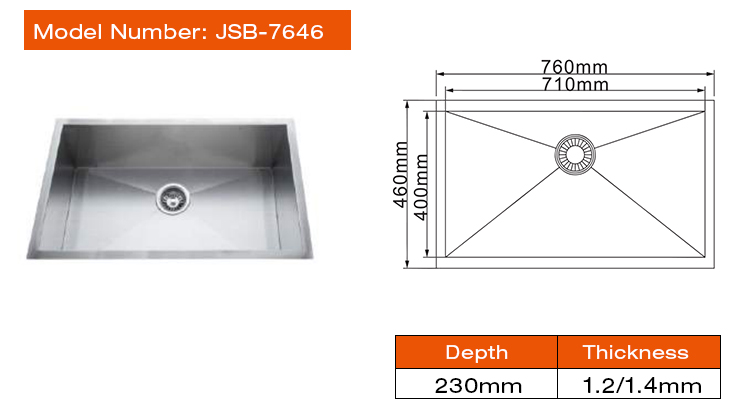 Customized Single bowl Deep Handmade Kitchen Sink Stainless Steel JSH-7646