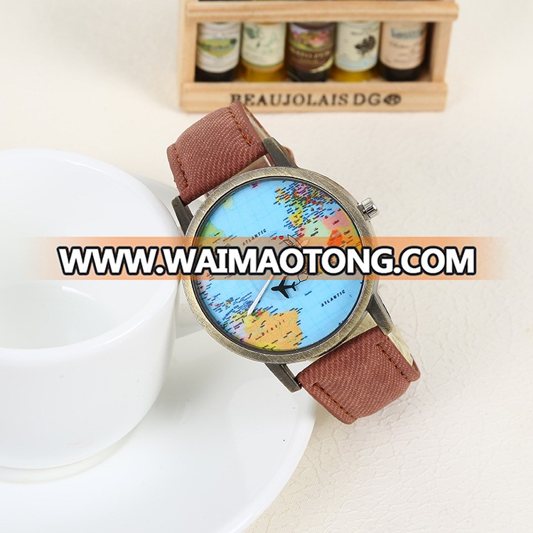 Vintage Green Bronze Airplane Map Trend Fashion Watch Men and Women PU Wrist Strap Decorative Women Watch