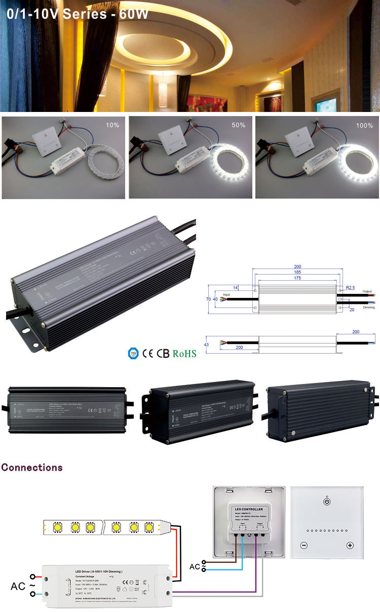 100V - 265V AC IP66 Waterproof Dimmable LED Strip Driver 48V 60W LED Driver