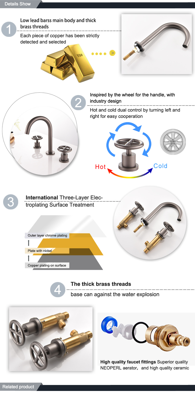 Latest design 3 hole bathroom faucet deck mounted  America style