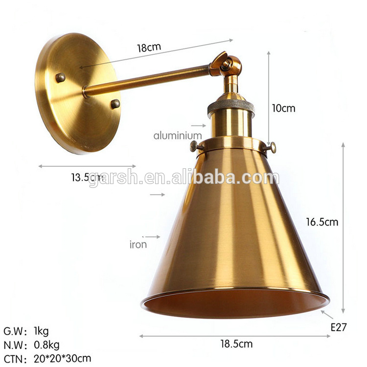 Retro Loft Brass Golden Sconce Lighting Industrial Iron Wall Lamp For Restaurant