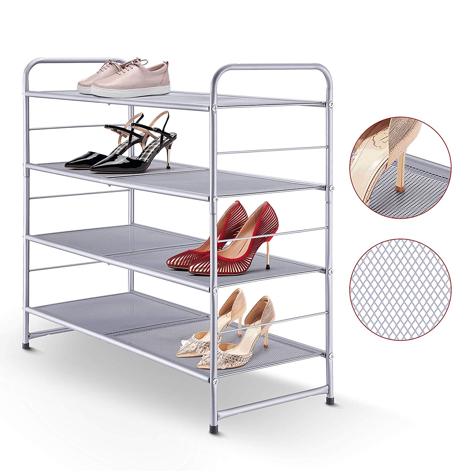 4 Tier Stackable Shoes Rack Expandable Adjustable Shoe Shelf Storage Organizer Metal Mesh  METAL SHOE DISPLAY RACKs Silver