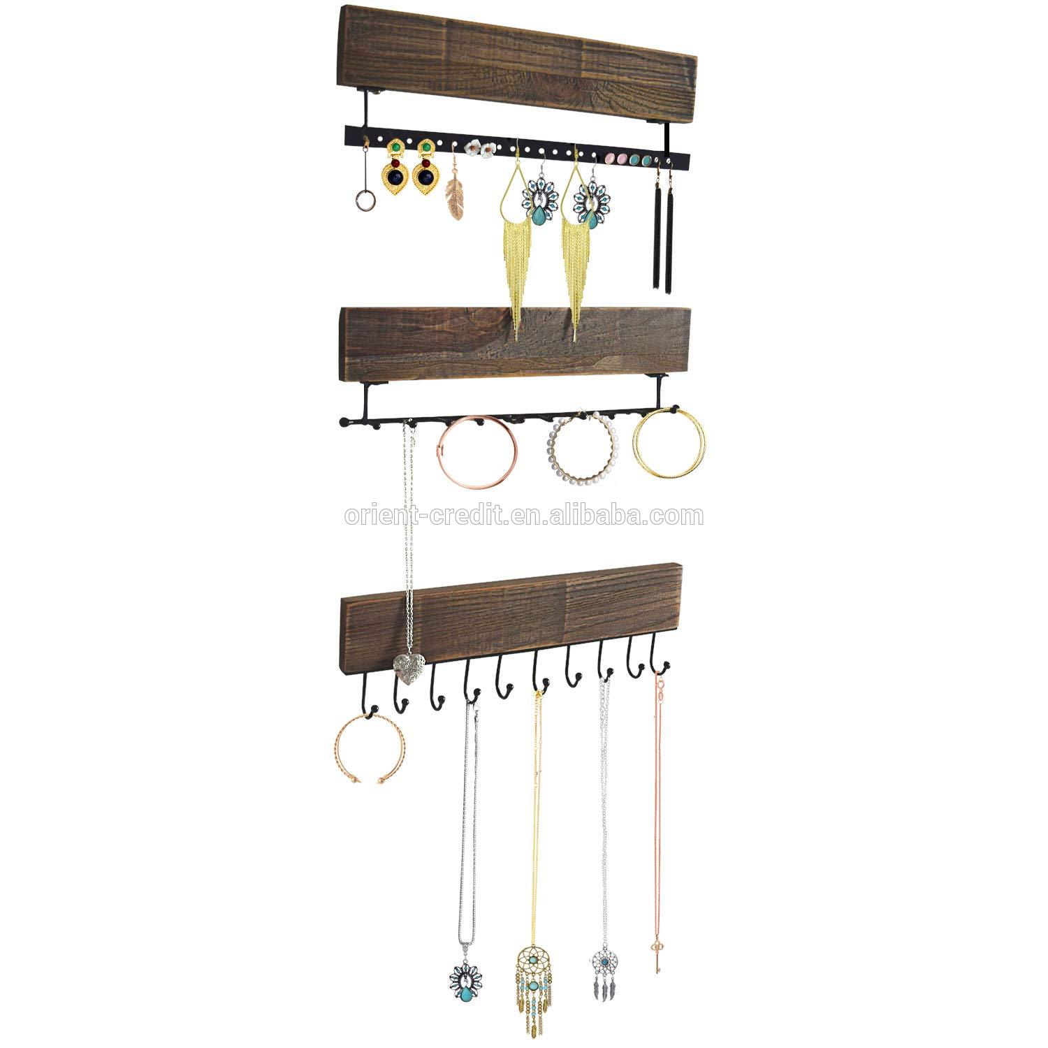 Wall Mounted Jewelry Organizer Set of 3 Rustic Wood Hanging Jewelry Organizer for Necklace Earrings Ring Bracelet Holder