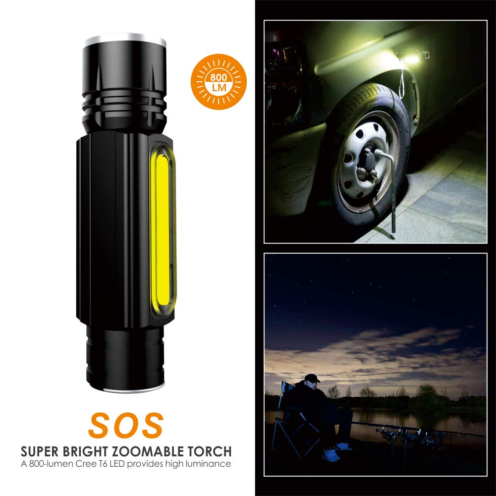 USB Rechargeable flashlight with COB Worklight and Magnetic Base Zoomable LED Tactical Flashlight