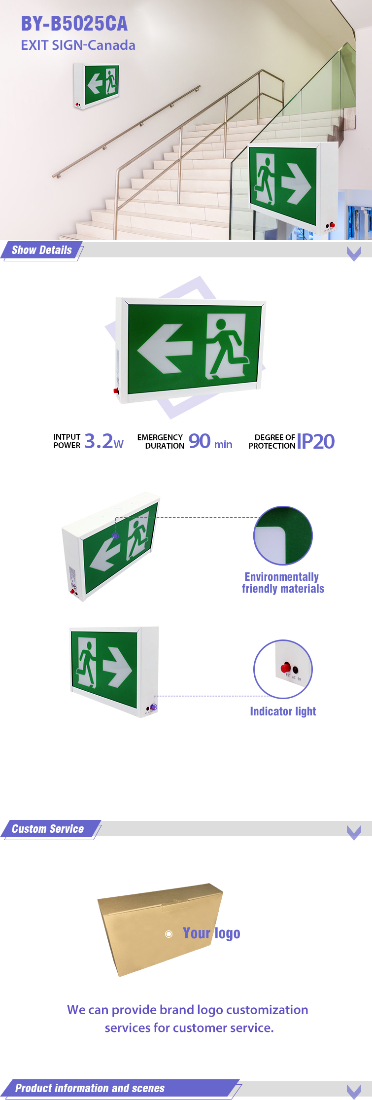 New style AC120V or AC347V IP20 Self-contained fire exit sign in emergency lights