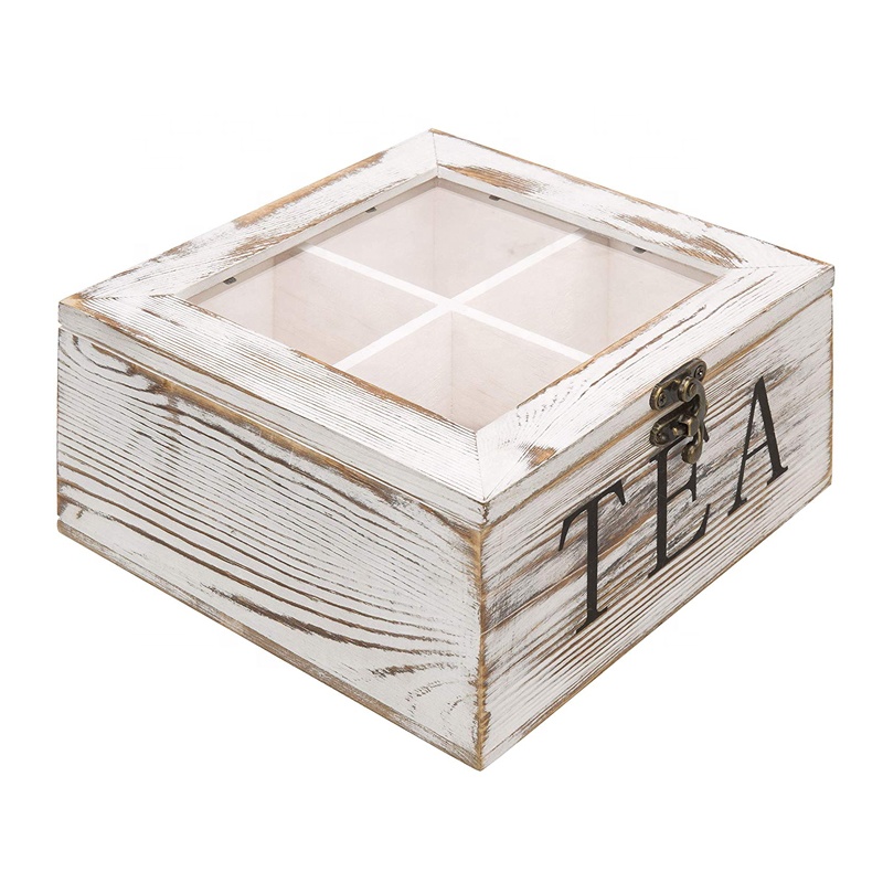 4-Compartment Multipurpose Organization Display Box Wood tea bag box with Clear Lid