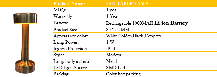 Metal Hotel Style Energy Saving Table lamp Rechargeable Battery LED Cordless Restaurant Table Lamp