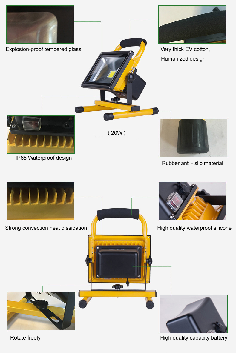 IP65 portable high brightness 10W 20W 30W 50W 100W 150W 200W led tripod stand rechargeable flood light