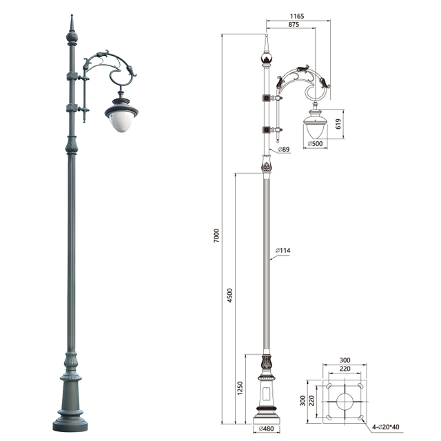 50W  7M   LED Villa Style Four Heads Outdoor Garden Aluminum Lamp Pole/Decorative Garden Post Light