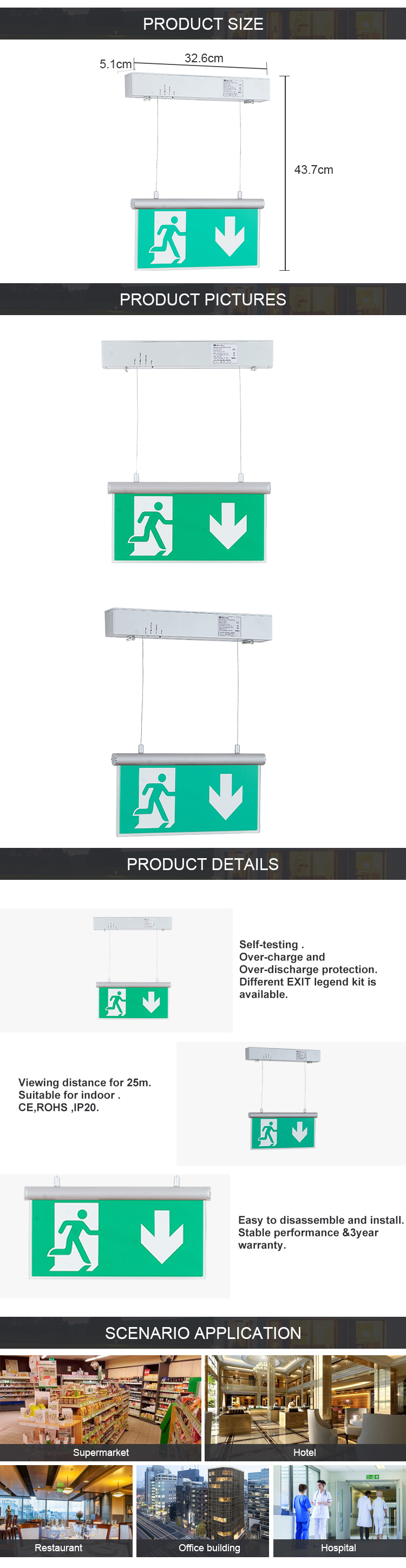 European standard CE/RoHS LED acrylic hanging exit sign light