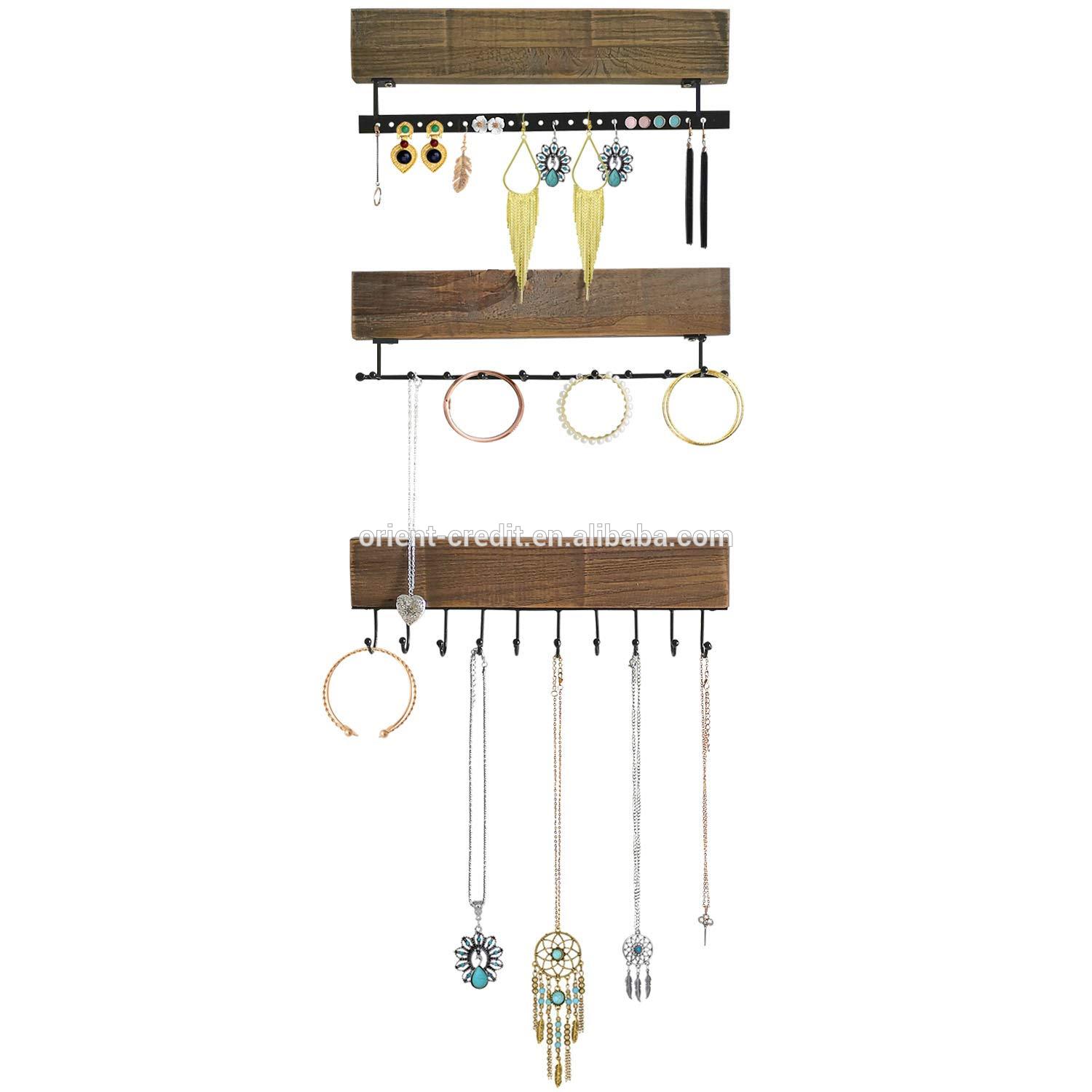 Wall Mounted Jewelry Organizer Set of 3 Rustic Wood Hanging Jewelry Organizer for Necklace Earrings Ring Bracelet Holder