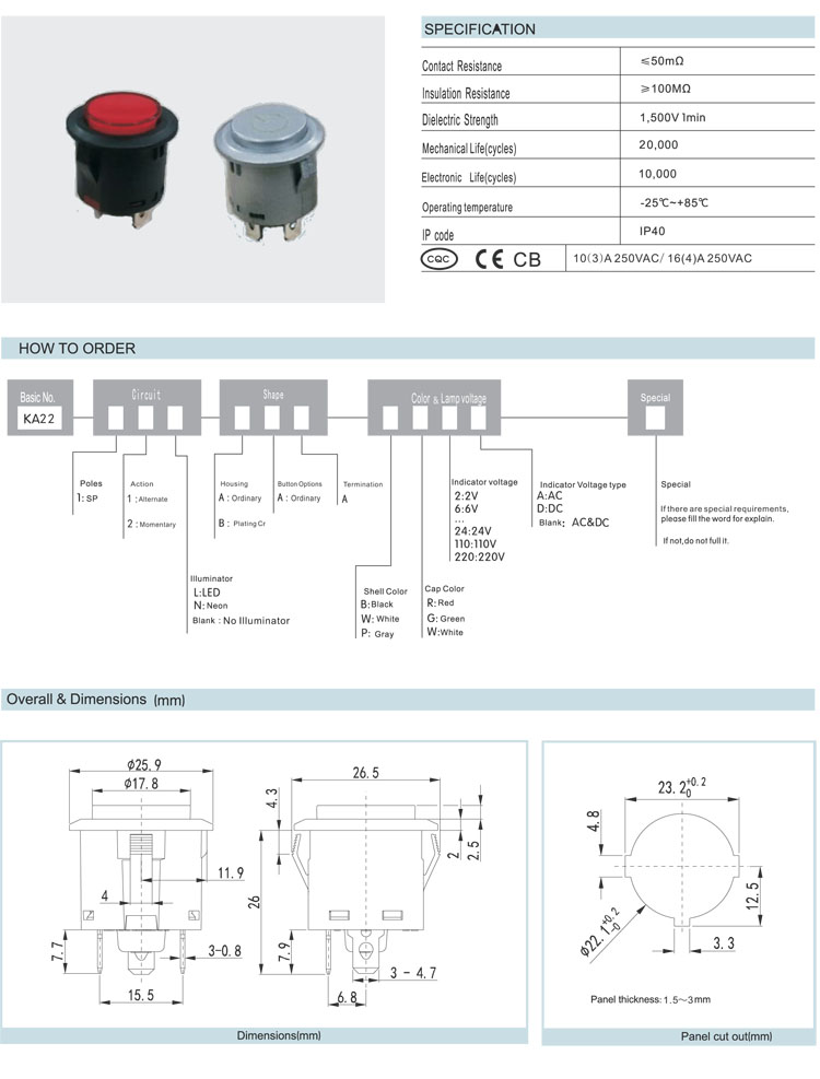 22mm 10A 12v illuminated momentary push button switch