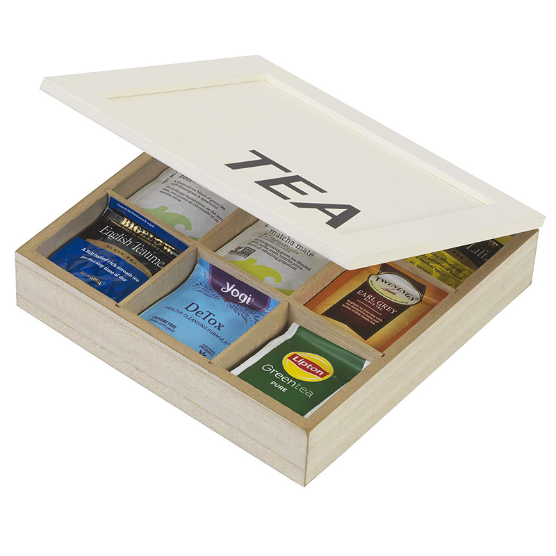 4-Compartment Multipurpose Organization Display Box Wood tea bag box with Clear Lid