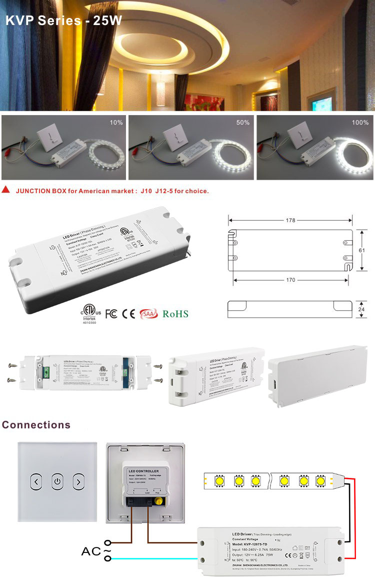 Triac Dimmable Constant Voltage PWM Dimming LED Driver 25W 12V 24V DC Output