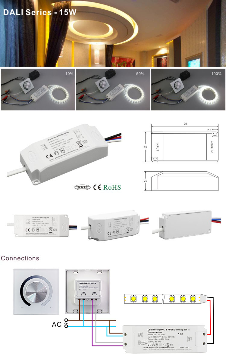 No load limit Plastic Shell DALI Dimmable 15W 12V 24V Constant Voltage Mini LED Driver